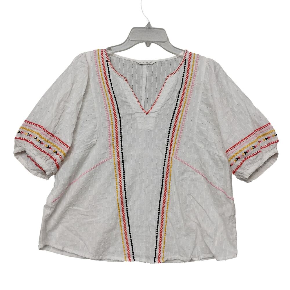 Acos&A Blouse Size Large White with Colorful Embroidery Details Short Sleeve